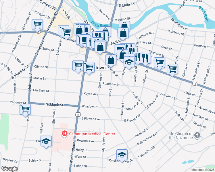 map of restaurants, bars, coffee shops, grocery stores, and more near 334 Clay Street in Watertown