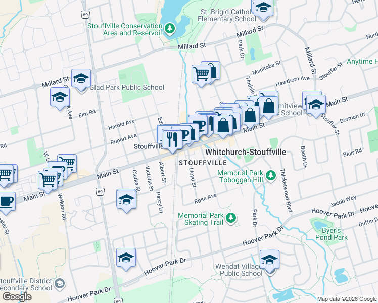 map of restaurants, bars, coffee shops, grocery stores, and more near 6233 Main Street in Whitchurch-Stouffville