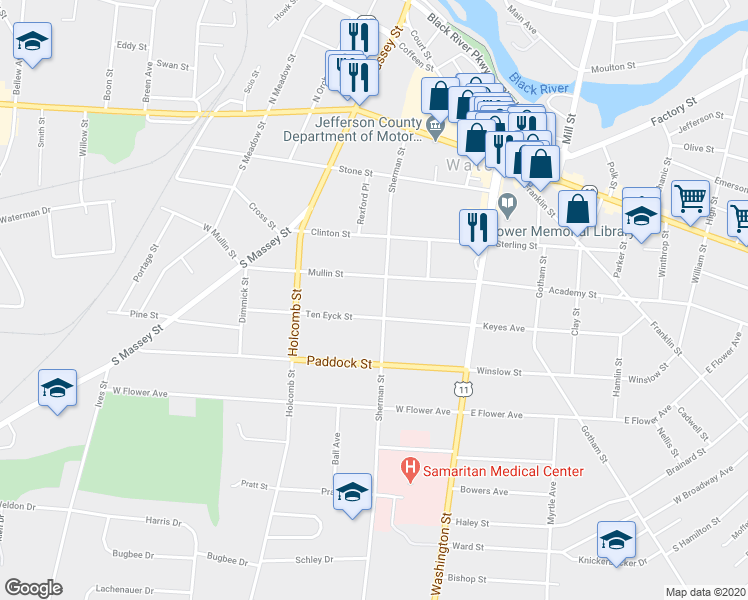 map of restaurants, bars, coffee shops, grocery stores, and more near 418 Sherman Street in Watertown