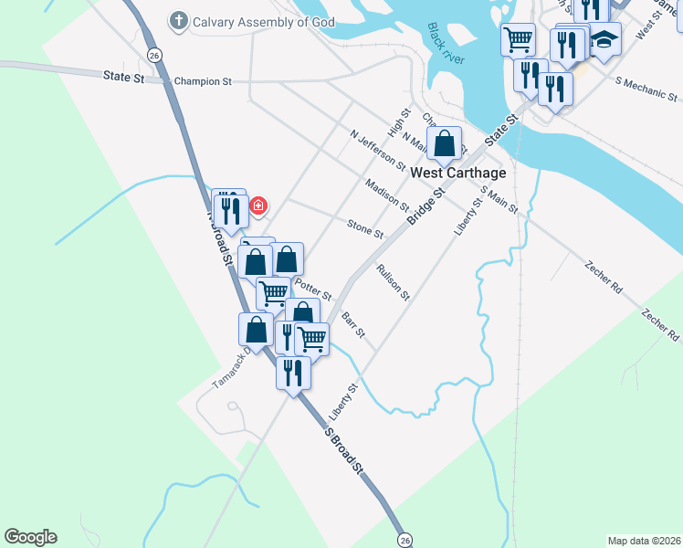 map of restaurants, bars, coffee shops, grocery stores, and more near 68 Bridge Street in Carthage