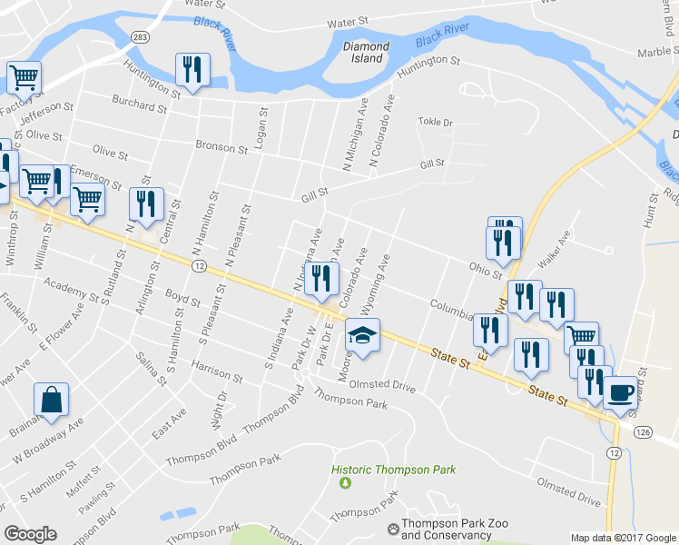 map of restaurants, bars, coffee shops, grocery stores, and more near 1308 Columbia Street in Watertown