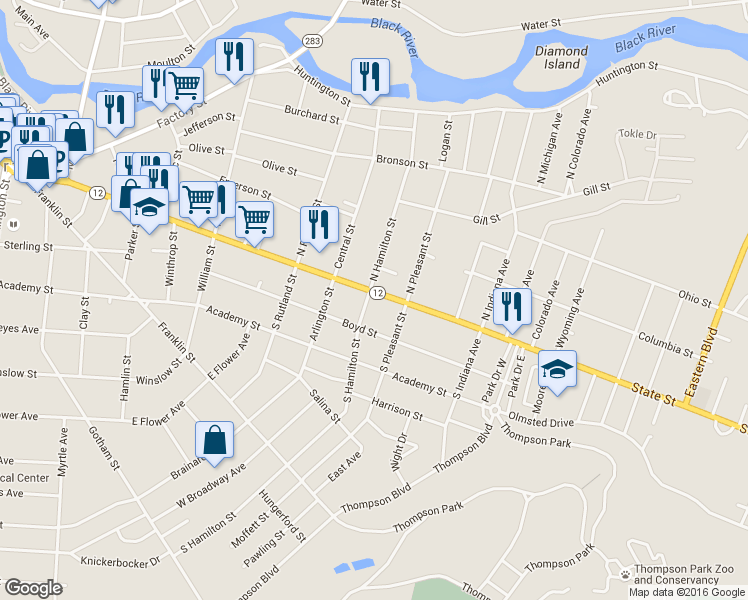 map of restaurants, bars, coffee shops, grocery stores, and more near 1002 State Street in Watertown