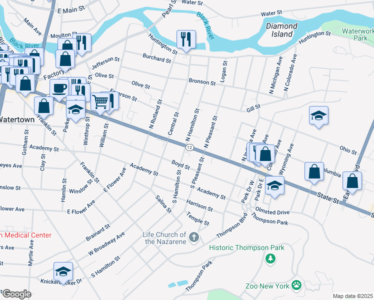 map of restaurants, bars, coffee shops, grocery stores, and more near 103 South Hamilton Street in Watertown