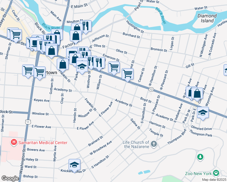map of restaurants, bars, coffee shops, grocery stores, and more near 649 Boyd Street in Watertown