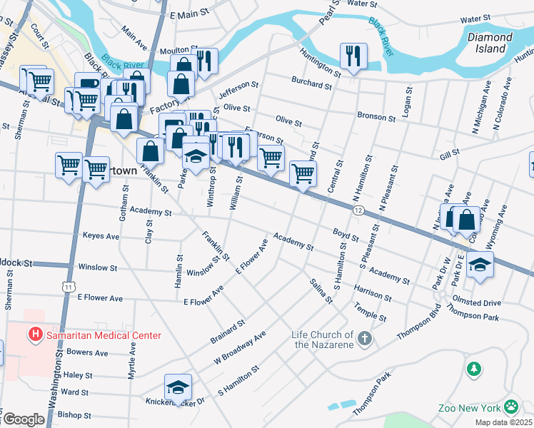 map of restaurants, bars, coffee shops, grocery stores, and more near 649 Boyd Street in Watertown