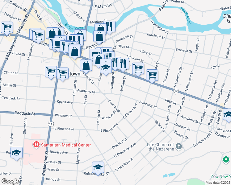 map of restaurants, bars, coffee shops, grocery stores, and more near 218 William Street in Watertown
