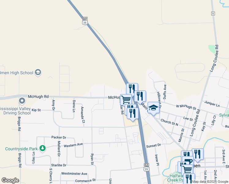 map of restaurants, bars, coffee shops, grocery stores, and more near 615 McHugh Road in Holmen