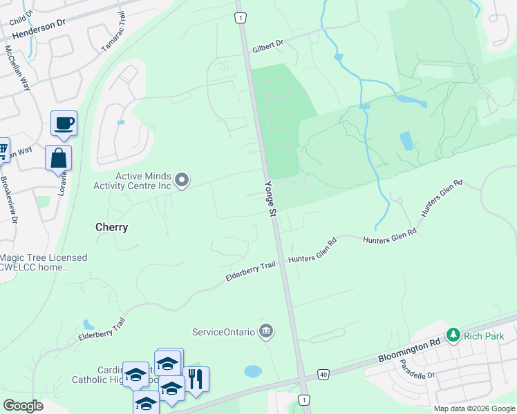 map of restaurants, bars, coffee shops, grocery stores, and more near 99 Glensteeple Trail in Aurora