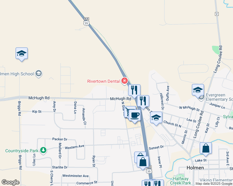 map of restaurants, bars, coffee shops, grocery stores, and more near 615 McHugh Road in Holmen