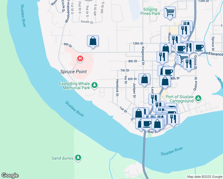 map of restaurants, bars, coffee shops, grocery stores, and more near 844 Rhododendron Drive in Florence