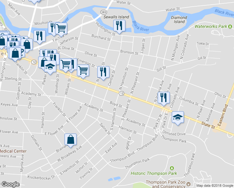 map of restaurants, bars, coffee shops, grocery stores, and more near 942 State Street in Watertown