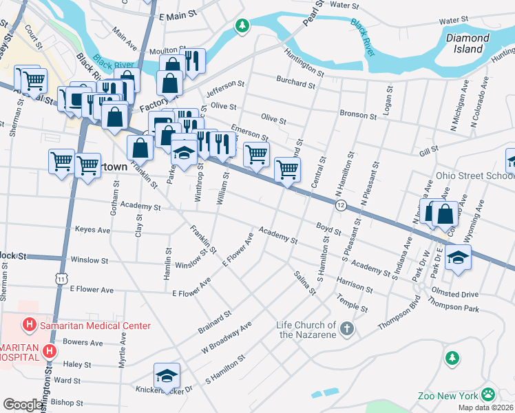 map of restaurants, bars, coffee shops, grocery stores, and more near 649 Boyd Street in Watertown