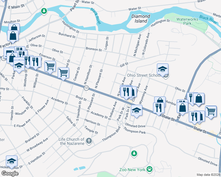 map of restaurants, bars, coffee shops, grocery stores, and more near 125 California Avenue in Watertown