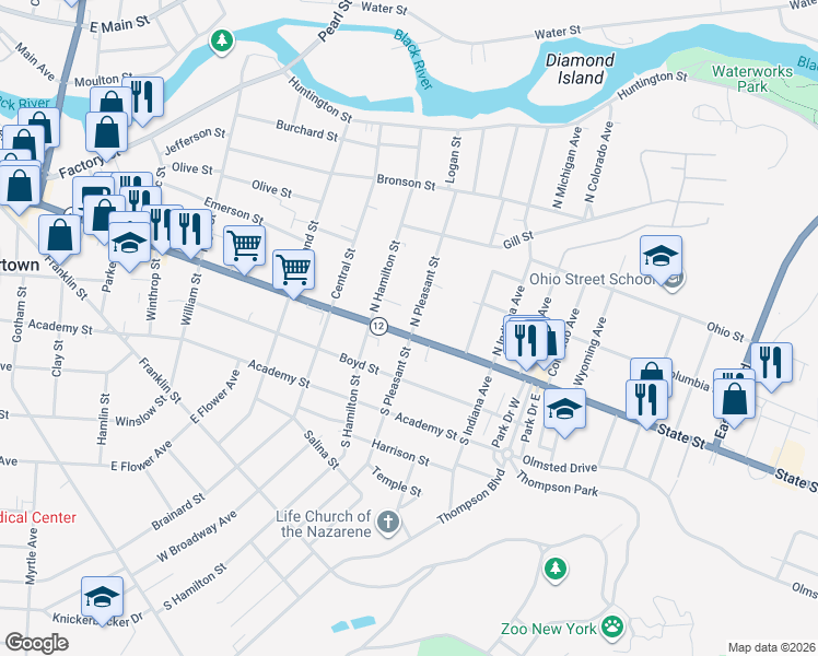 map of restaurants, bars, coffee shops, grocery stores, and more near 1027 State Street in Watertown