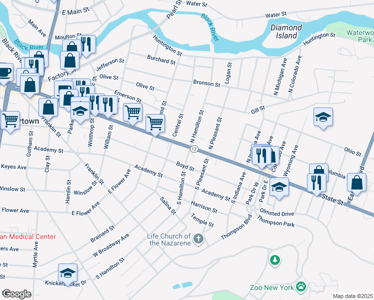 map of restaurants, bars, coffee shops, grocery stores, and more near 934 State Street in Watertown