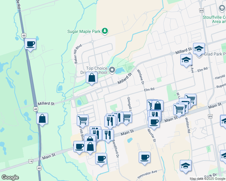 map of restaurants, bars, coffee shops, grocery stores, and more near 216 Sandale Road in Whitchurch-Stouffville