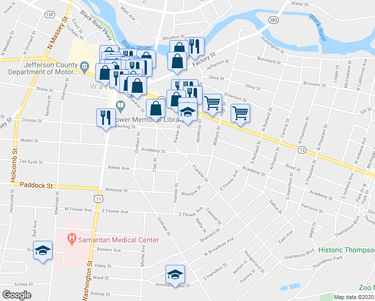 map of restaurants, bars, coffee shops, grocery stores, and more near 409 Academy Street in Watertown