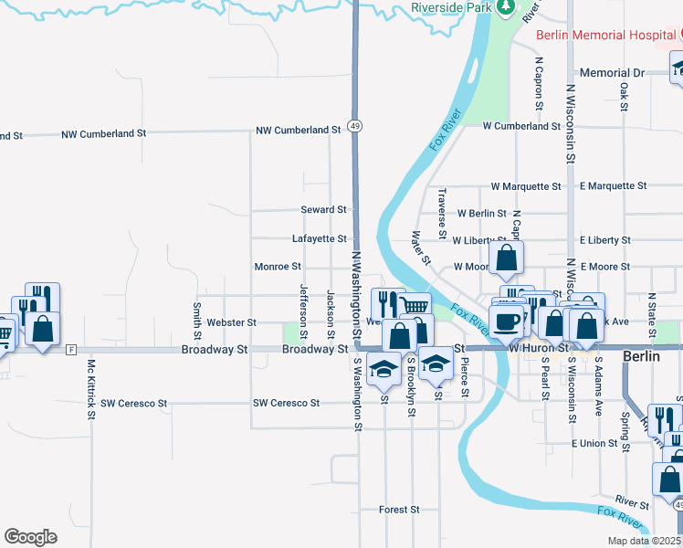 map of restaurants, bars, coffee shops, grocery stores, and more near 352 Monroe Street in Berlin