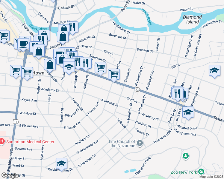 map of restaurants, bars, coffee shops, grocery stores, and more near 123 Rutland Street South in Watertown