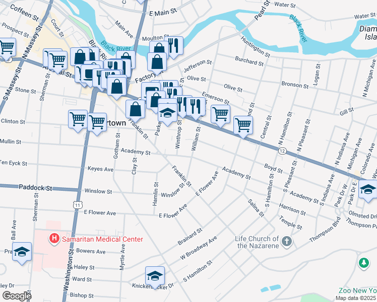 map of restaurants, bars, coffee shops, grocery stores, and more near 218 William Street in Watertown