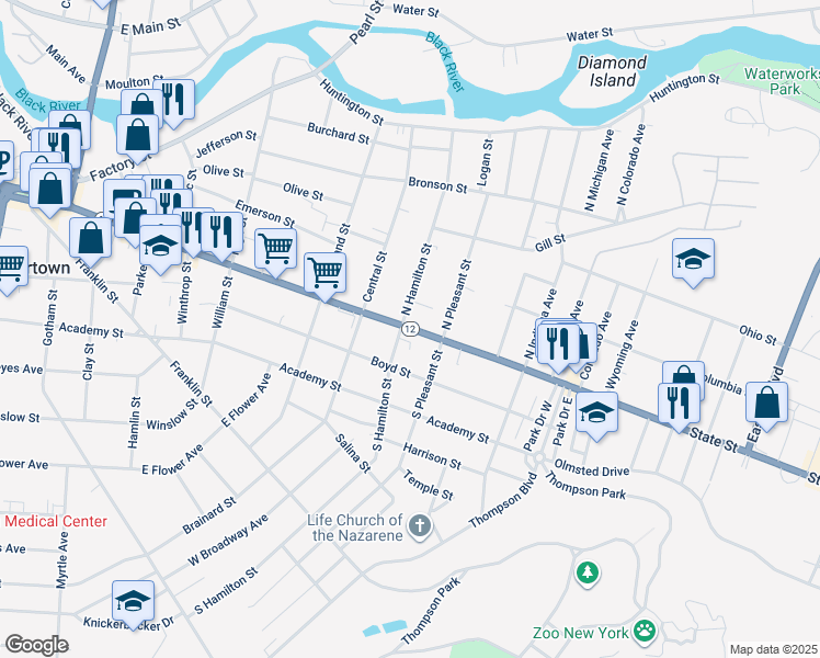 map of restaurants, bars, coffee shops, grocery stores, and more near 1004 State Street in Watertown