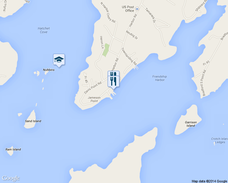 map of restaurants, bars, coffee shops, grocery stores, and more near 195 Harbor Road in Friendship