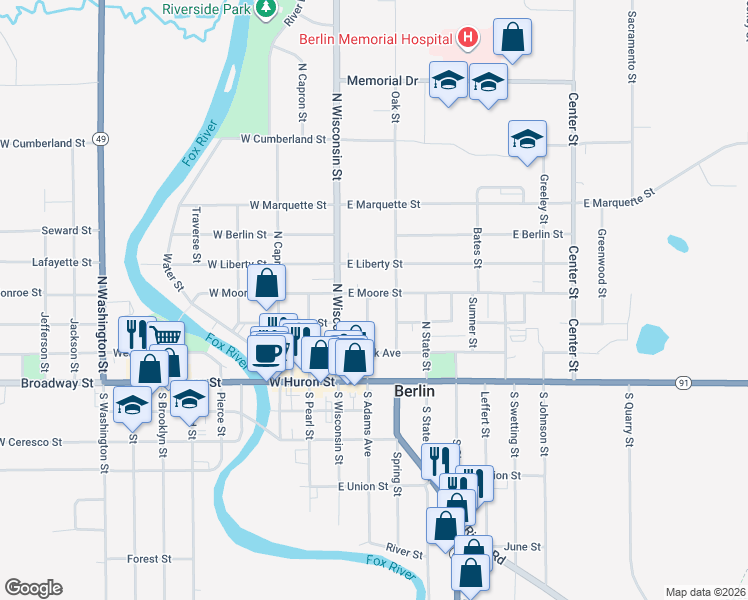 map of restaurants, bars, coffee shops, grocery stores, and more near 180 North Adams Avenue in Berlin
