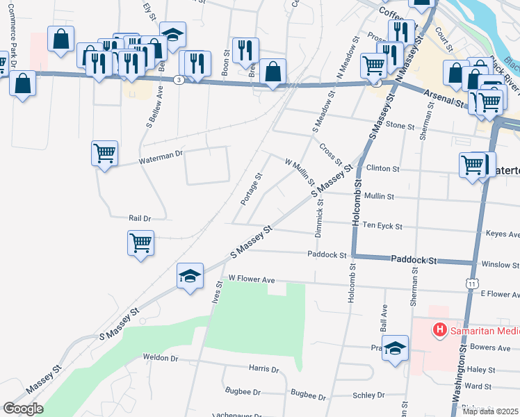 map of restaurants, bars, coffee shops, grocery stores, and more near 478 South Meadow Street in Watertown