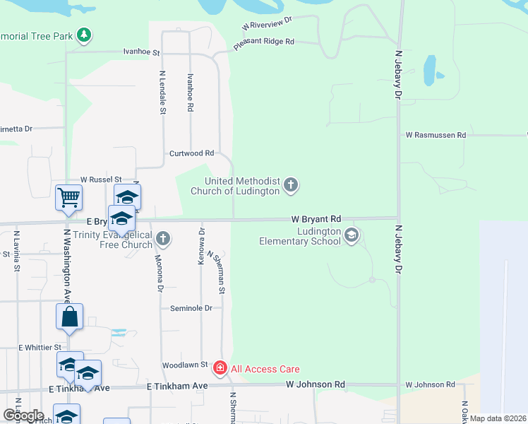 map of restaurants, bars, coffee shops, grocery stores, and more near 5810 East Bryant Road in Ludington