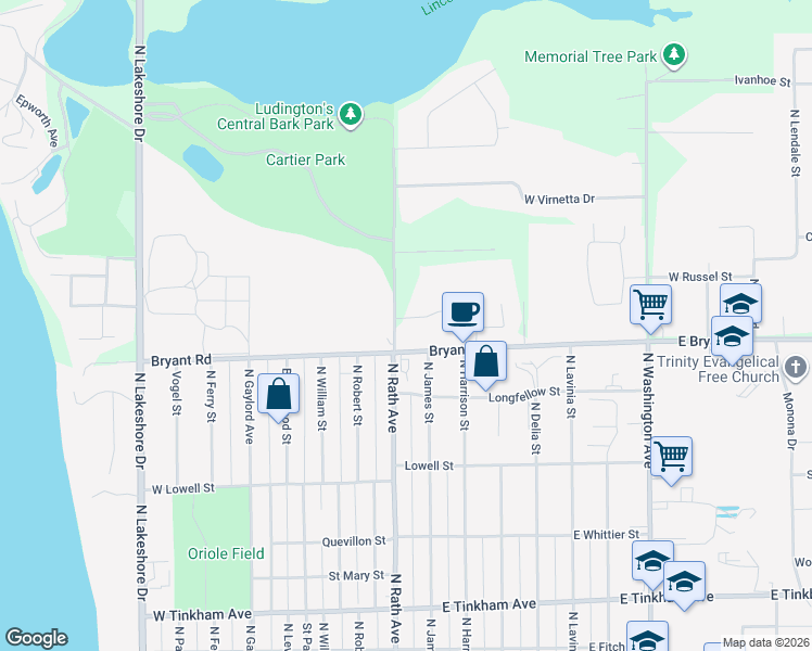 map of restaurants, bars, coffee shops, grocery stores, and more near 1140 North Rath Avenue in Ludington