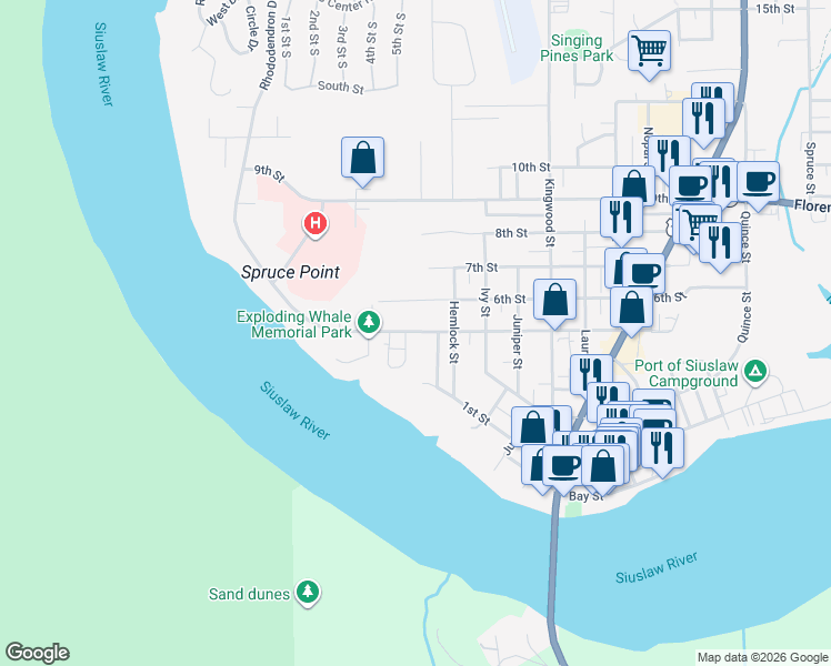 map of restaurants, bars, coffee shops, grocery stores, and more near 777 Rhododendron Drive in Florence