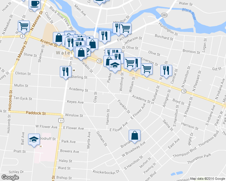map of restaurants, bars, coffee shops, grocery stores, and more near 403 Academy Street in Watertown