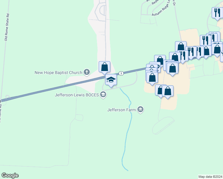 map of restaurants, bars, coffee shops, grocery stores, and more near 20104 New York 3 in Watertown