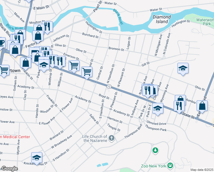 map of restaurants, bars, coffee shops, grocery stores, and more near 101 South Hamilton Street in Watertown