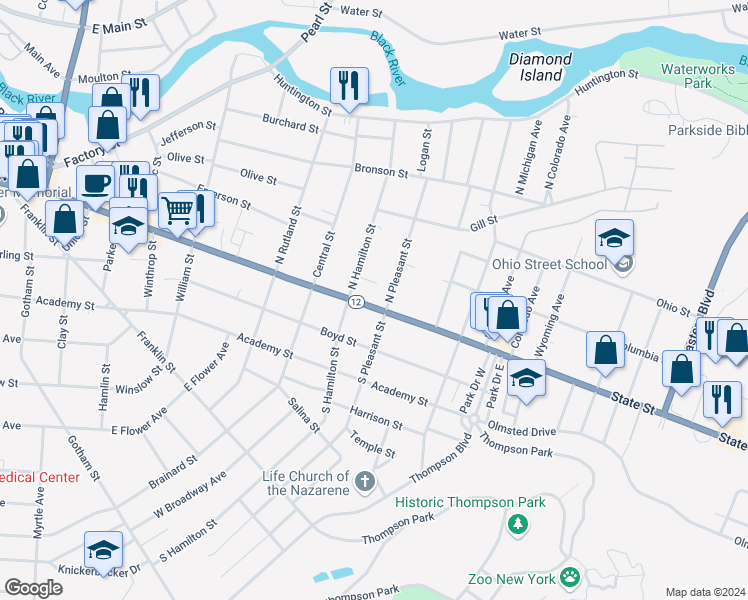 map of restaurants, bars, coffee shops, grocery stores, and more near 1027 State Street in Watertown