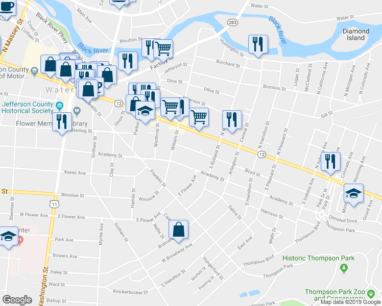 map of restaurants, bars, coffee shops, grocery stores, and more near 630 Boyd Street in Watertown
