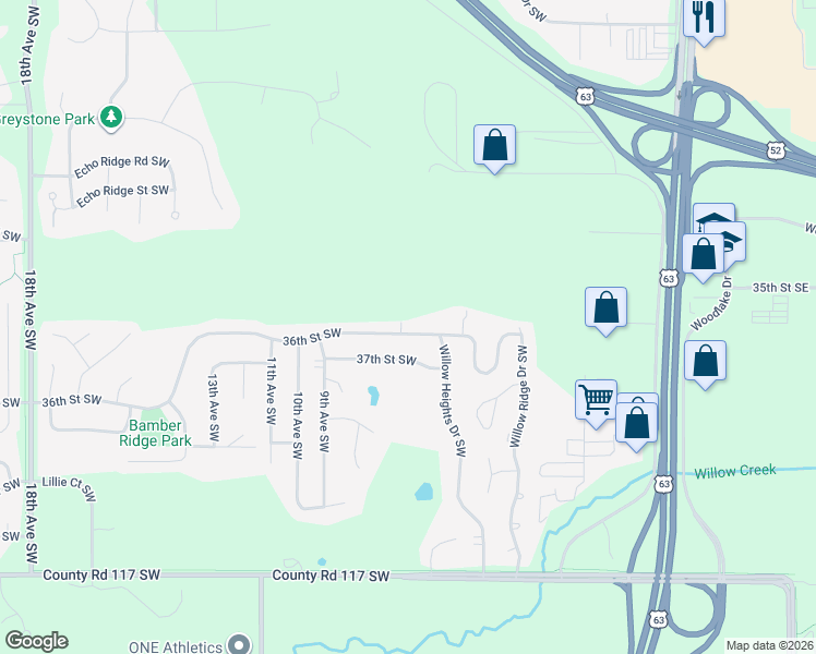 map of restaurants, bars, coffee shops, grocery stores, and more near 635 36th Street Southwest in Rochester