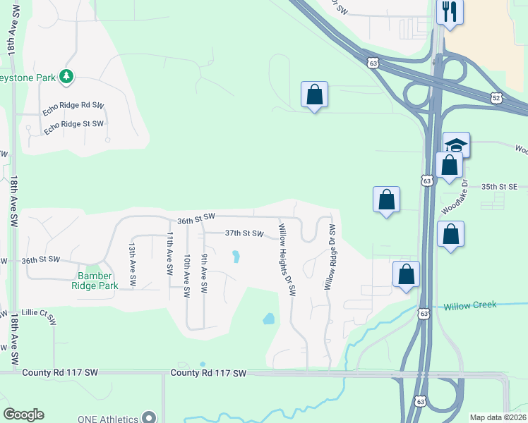 map of restaurants, bars, coffee shops, grocery stores, and more near 635 36th Street Southwest in Rochester