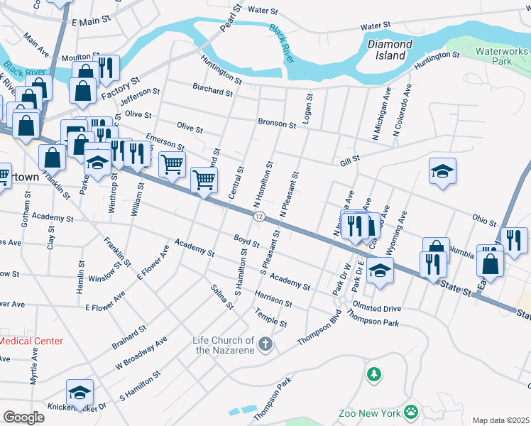 map of restaurants, bars, coffee shops, grocery stores, and more near 1027 State Street in Watertown
