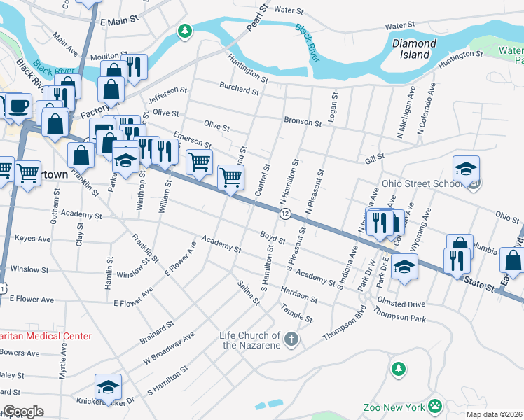 map of restaurants, bars, coffee shops, grocery stores, and more near 934 State Street in Watertown