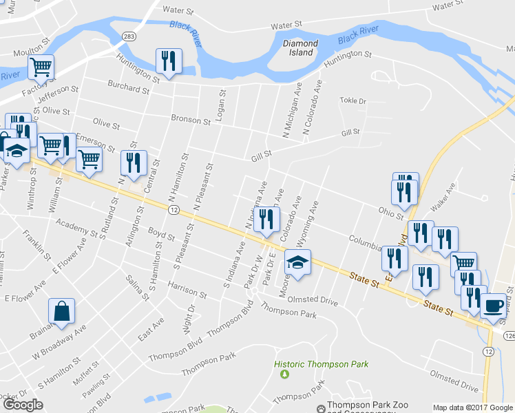 map of restaurants, bars, coffee shops, grocery stores, and more near 190 North Indiana Avenue in Watertown