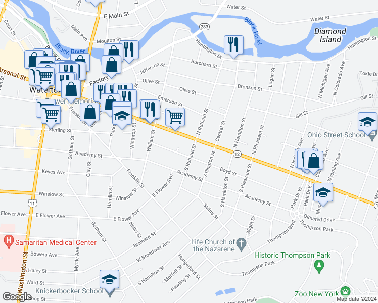 map of restaurants, bars, coffee shops, grocery stores, and more near 120 South Rutland Street in Watertown