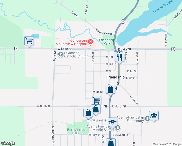 map of restaurants, bars, coffee shops, grocery stores, and more near 402 Quincy Street in Friendship