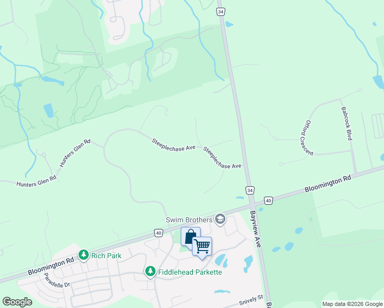 map of restaurants, bars, coffee shops, grocery stores, and more near 46 Steeplechase Avenue in Aurora