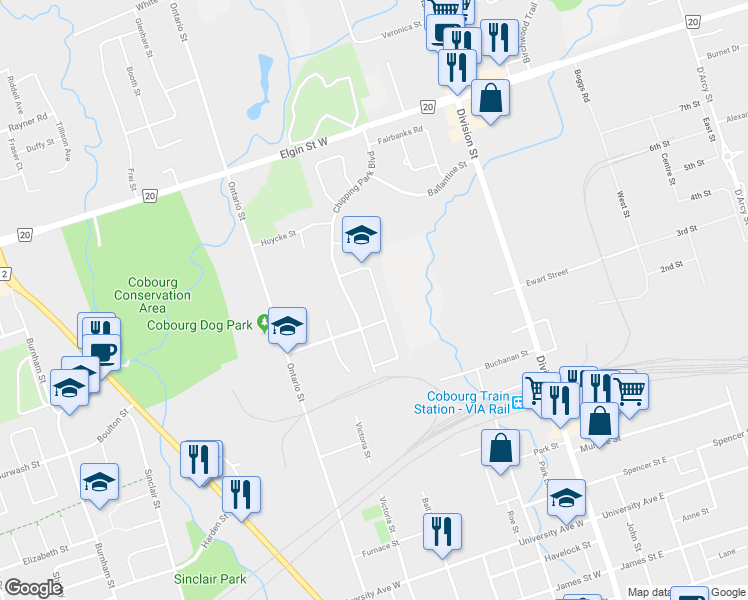 map of restaurants, bars, coffee shops, grocery stores, and more near 152 Sutherland Crescent in Cobourg