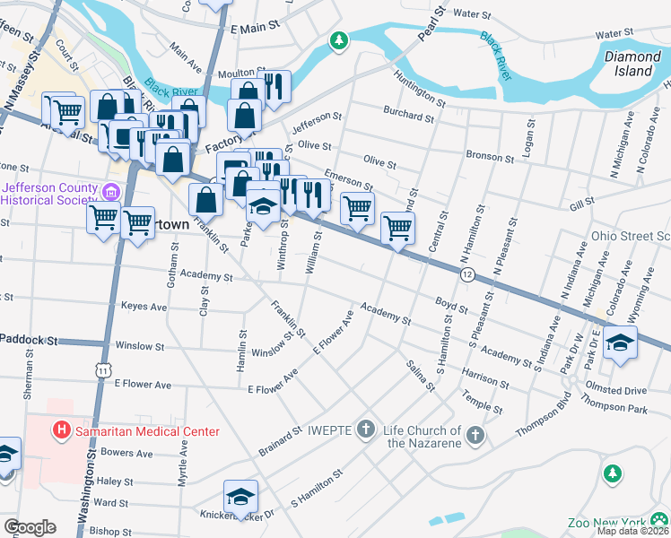 map of restaurants, bars, coffee shops, grocery stores, and more near 622 Boyd Street in Watertown