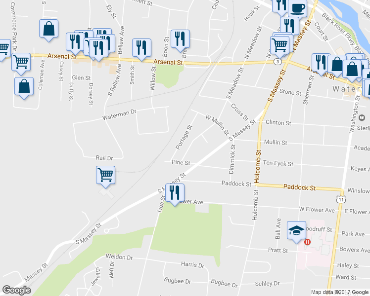 map of restaurants, bars, coffee shops, grocery stores, and more near 478 South Meadow Street in Watertown