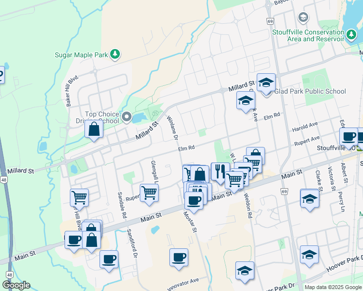 map of restaurants, bars, coffee shops, grocery stores, and more near 135 Winlane Drive in Whitchurch-Stouffville