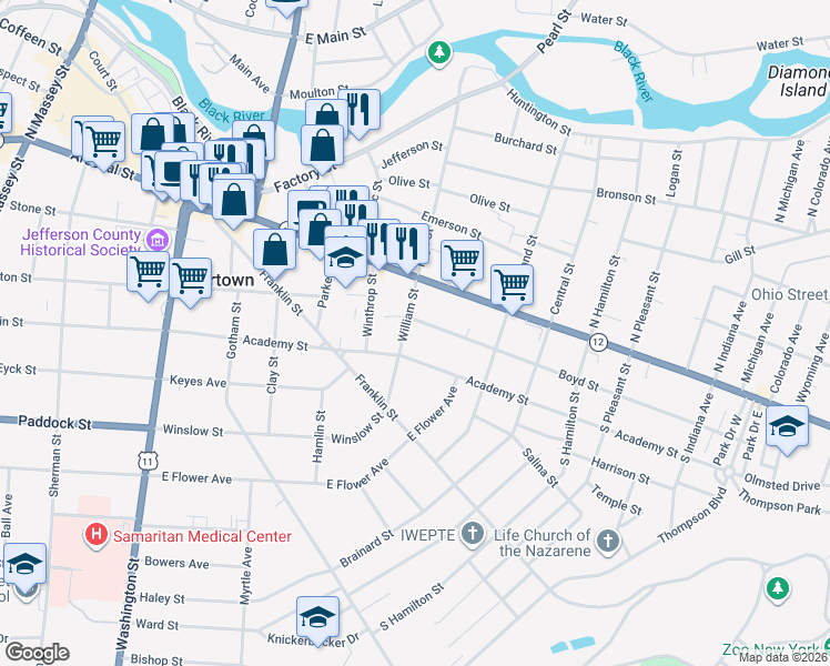 map of restaurants, bars, coffee shops, grocery stores, and more near 622 Boyd Street in Watertown