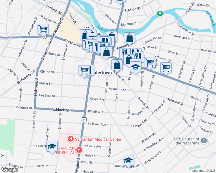 map of restaurants, bars, coffee shops, grocery stores, and more near 201 Academy Street in Watertown